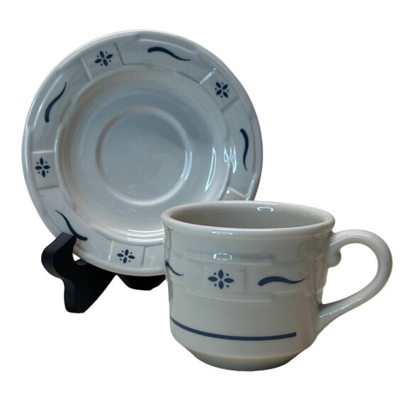 2 Longaberger Classic Blue Woven Traditions Pottery Coffee Cup & Saucer Sets - Picture 3 of 8